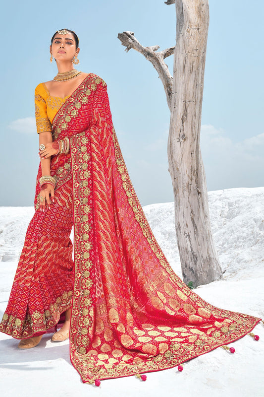Red Pure Georgette Patola Bandhani Fusion Saree-ZB133234_2_SareeButa.com
