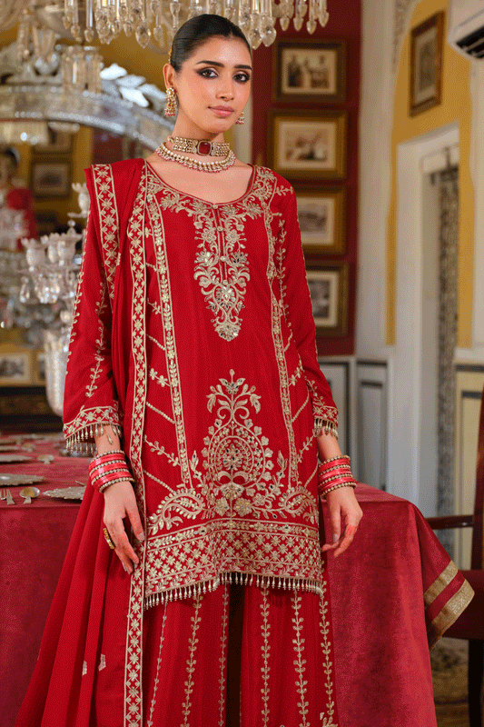 Red Readymade Heavy Work Chinon Palazzo Suit-SS651_2_SareeButa.com