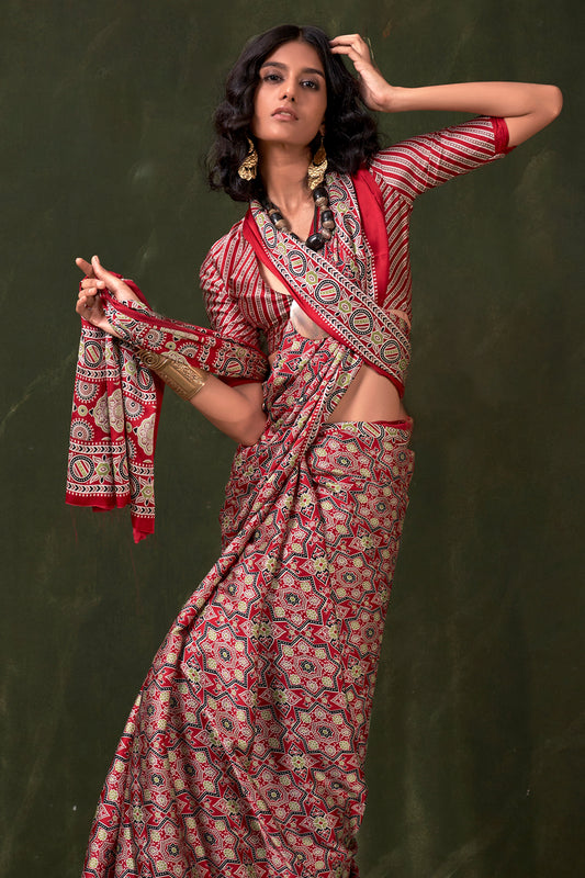 Red Ajarakh Print Satin Crepe Saree-SAR12413_2_SareeButa.com