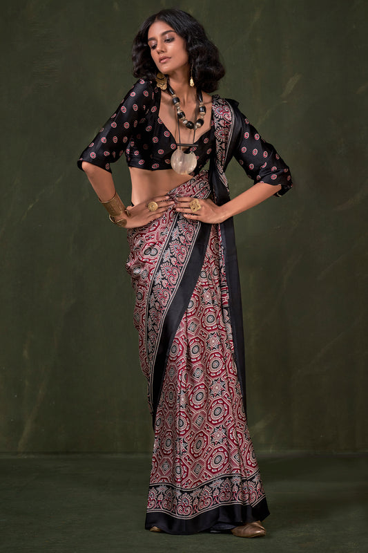 Red Ajarakh Print Satin Crepe Saree-SAR12415_2_SareeButa.com