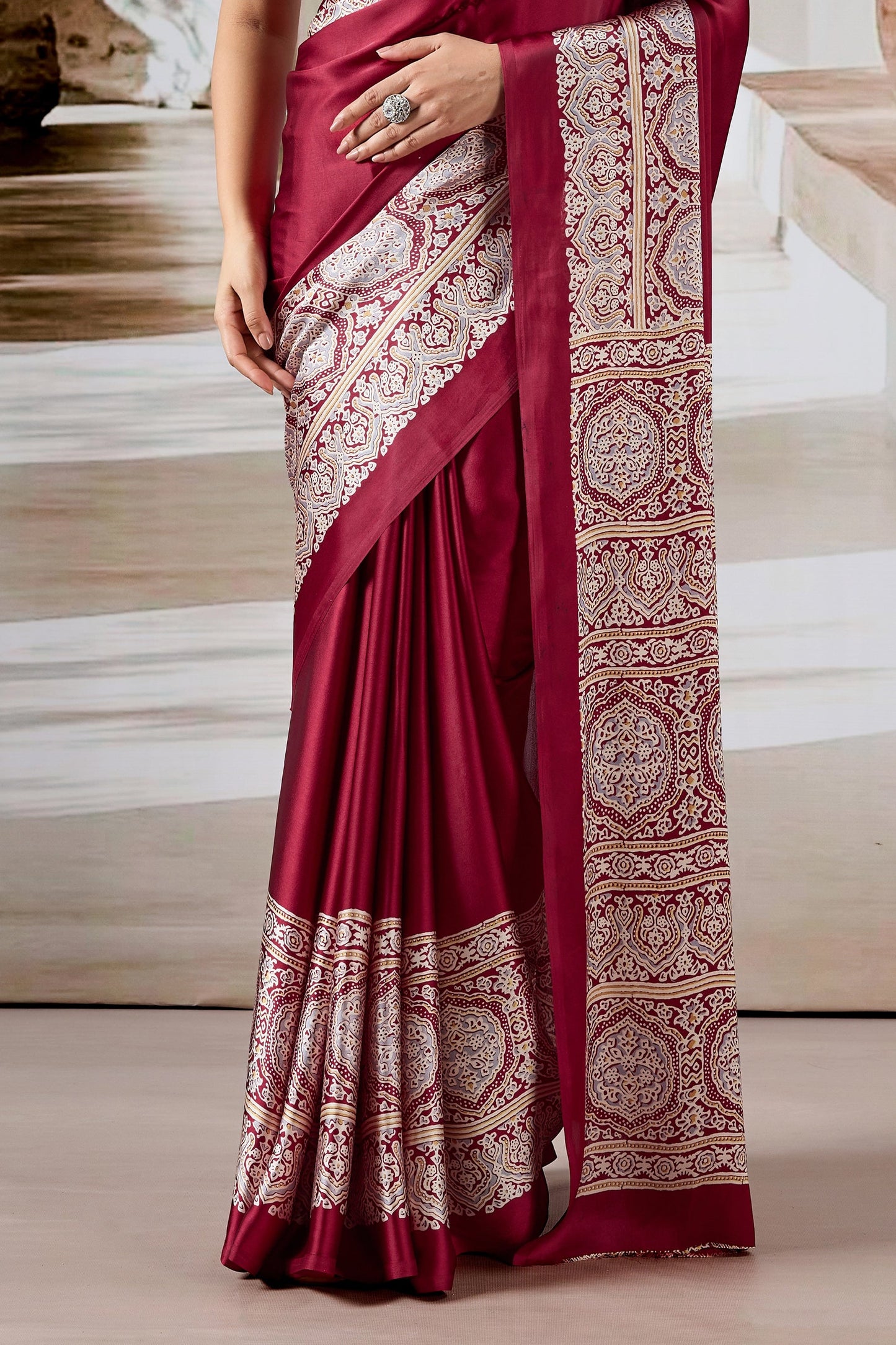 Red Ajrakh Print Satin Saree-SAR11480_5_SareeButa.com
