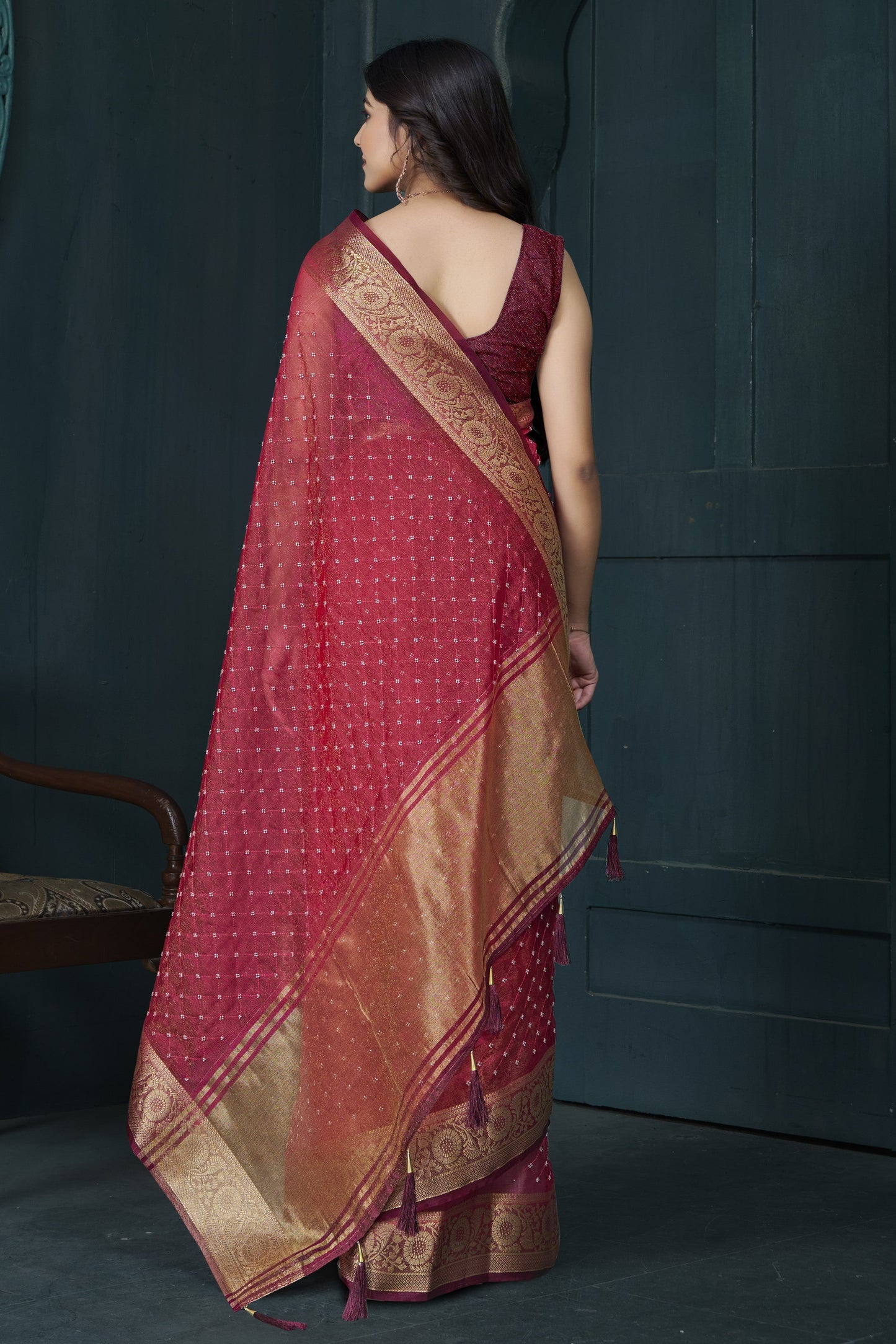 Red Bead Work Jacquard Saree-ZB134212_4_SareeButa.com
