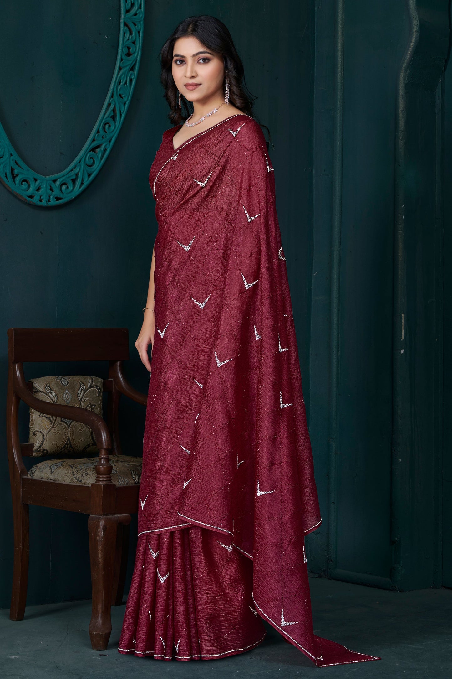 Red Crepe Silk Stone Work Saree-ZB134469_4_SareeButa.com