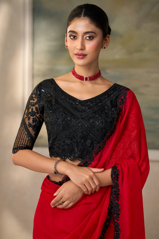 Red Embroidered Chiffon Saree-SAR13181_2_SareeButa.com