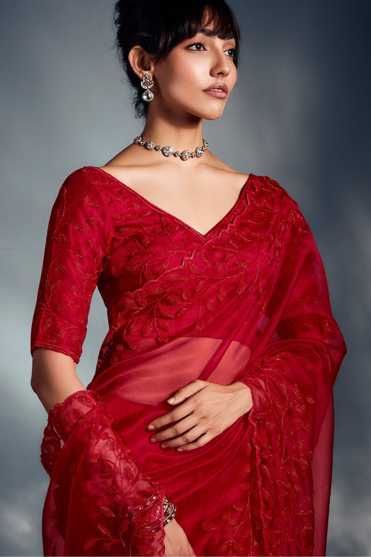 Red Embroidered Organza Silk Saree-SAR10218_2_SareeButa.com