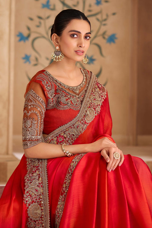 Red Embroidered Satin Chiffon Saree-SAR11714_2_SareeButa.com
