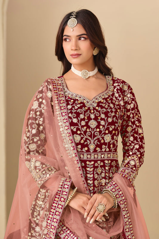 Red Embroidered Velvet Gown With Dupatta-SAR11579_2_SareeButa.com