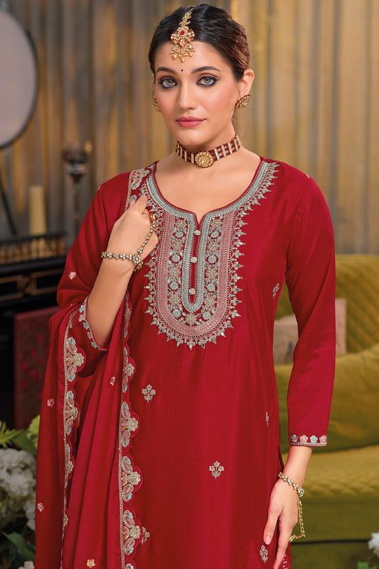 Red Heavy Work Chinon Readymade Suit-SS543_2_SareeButa.com