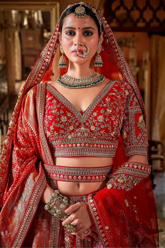 Red & Pink Semi-Stitched Embroidered Silk Lehenga-SAR10320_2_SareeButa.com