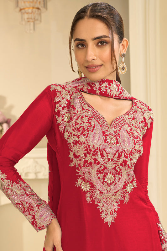 Red Readymade Embroidered Chinon Suit-SAR13298_2_SareeButa.com