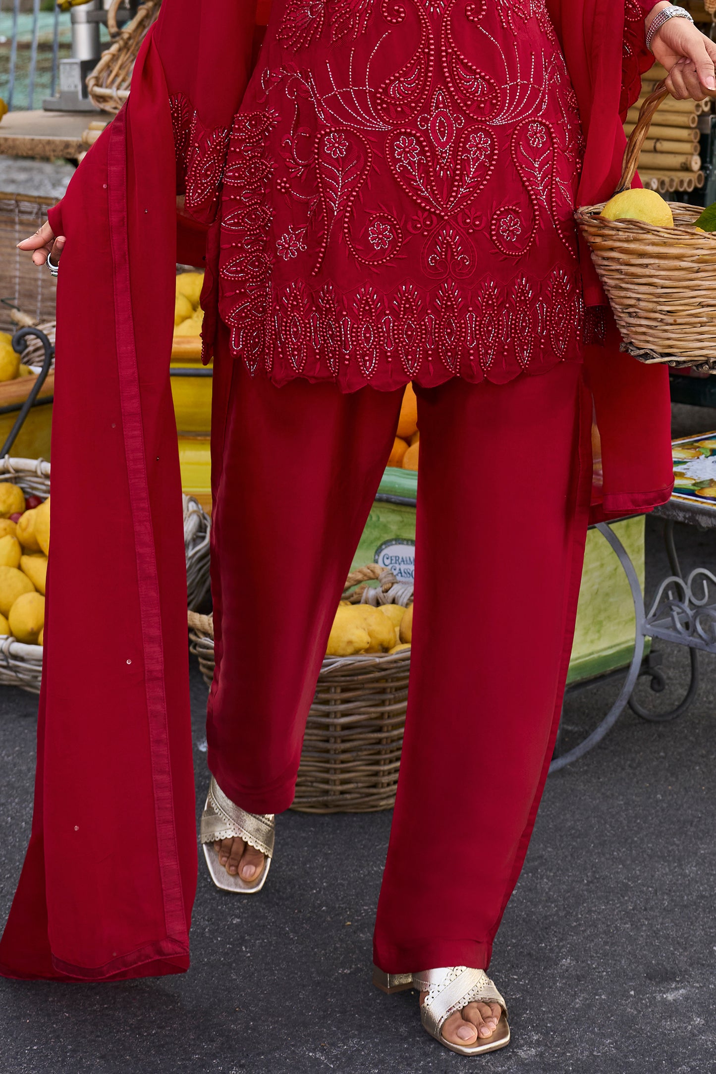 Red Readymade Embroidered Georgette Pant Suit-SAR13078_4_SareeButa.com