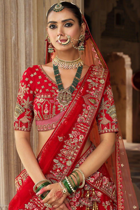Red Semi-Stitched Embroidered Silk Lehenga-SAR10533_2_SareeButa.com