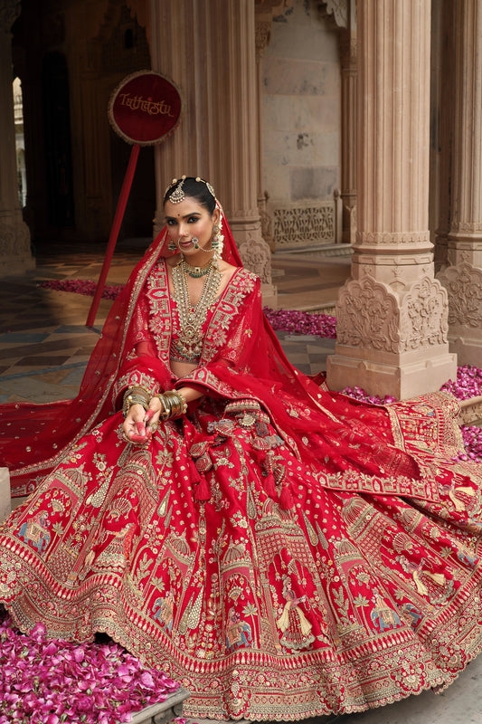 Red Semi-Stitched Embroidered Silk Lehenga-SAR10537_2_SareeButa.com