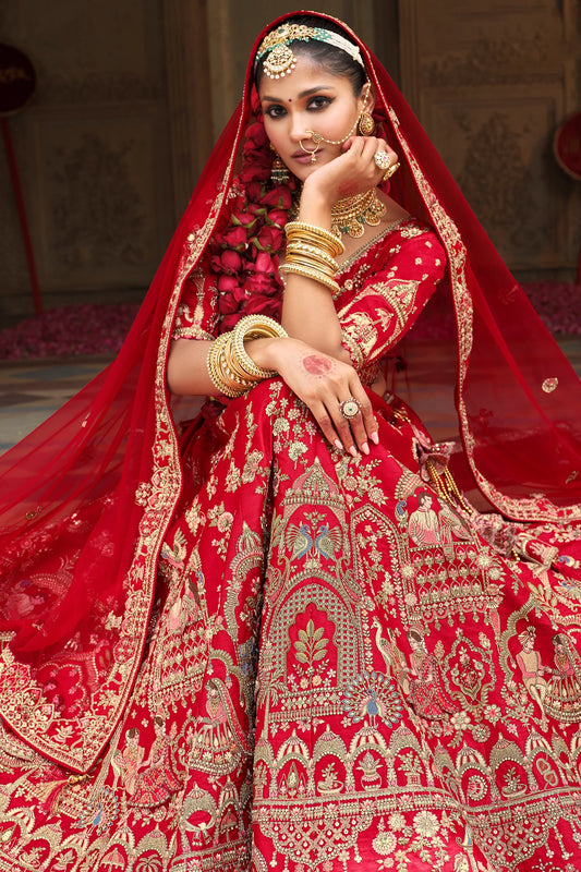 Red Semi-Stitched Embroidered Silk Lehenga-SAR10539_2_SareeButa.com