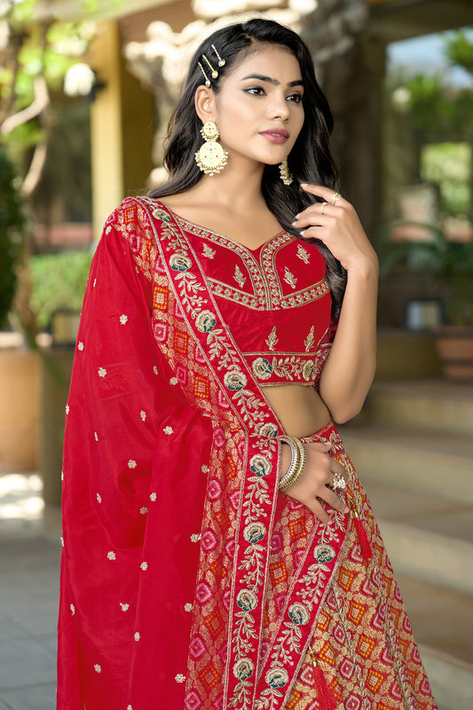 Red Semi-Stitched Embroidered Viscose Lehenga-SAR10735_2_SareeButa.com