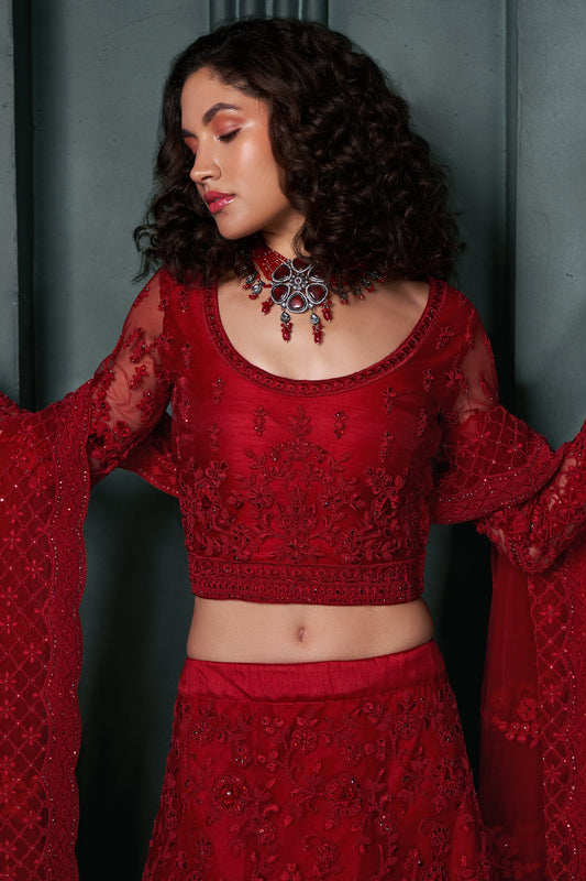 Red Semi Stitched Embroidered Net Lehenga-LC3_2_SareeButa.com
