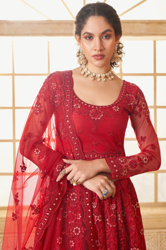 Red Semi Stitched Embroidered Net Lehenga-LC45_2_SareeButa.com