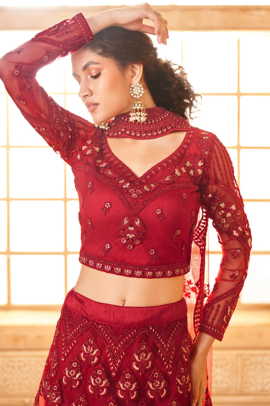Red Semi Stitched Embroidered Net Lehenga-LC56_2_SareeButa.com