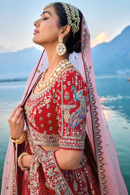 Red Semi Stitched Embroidered Silk Lehenga-LC24_2_SareeButa.com