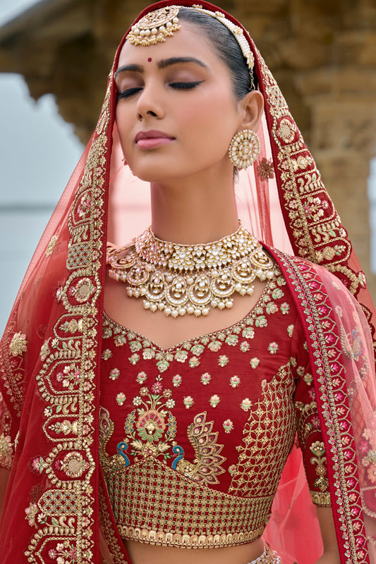 Red Semi Stitched Embroidered Silk Lehenga-LC26_2_SareeButa.com