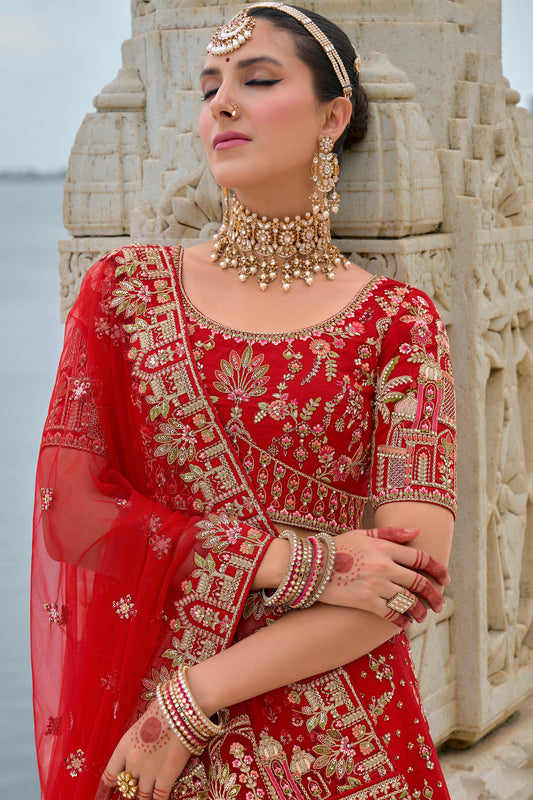 Red Semi Stitched Embroidered Silk Lehenga-LC31_2_SareeButa.com