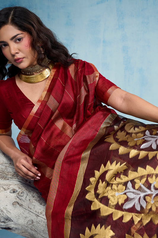 Red Woven Munga Cotton Saree-SAR12912_2_SareeButa.com