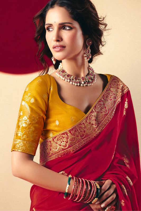 Red Woven Viscose Silk Saree With Brocade Blouse-SAR10254_2_SareeButa.com