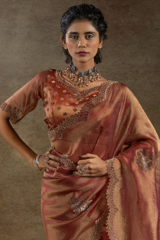 Rose Gold Banarasi Silk Stone Work Saree-ZB134505_2_SareeButa.com