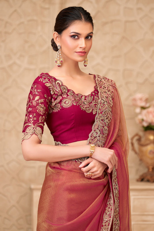 Rose Gold Red Embroidered Georgette Silk Saree-SAR10597_2_SareeButa.com