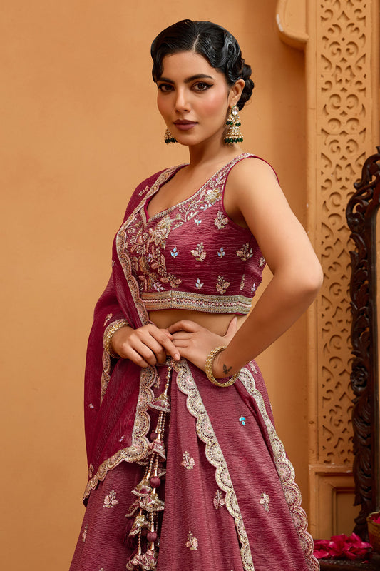 Rose Gold Semi-Stitched Embroidered Tissue Lehenga-SAR10690_2_SareeButa.com