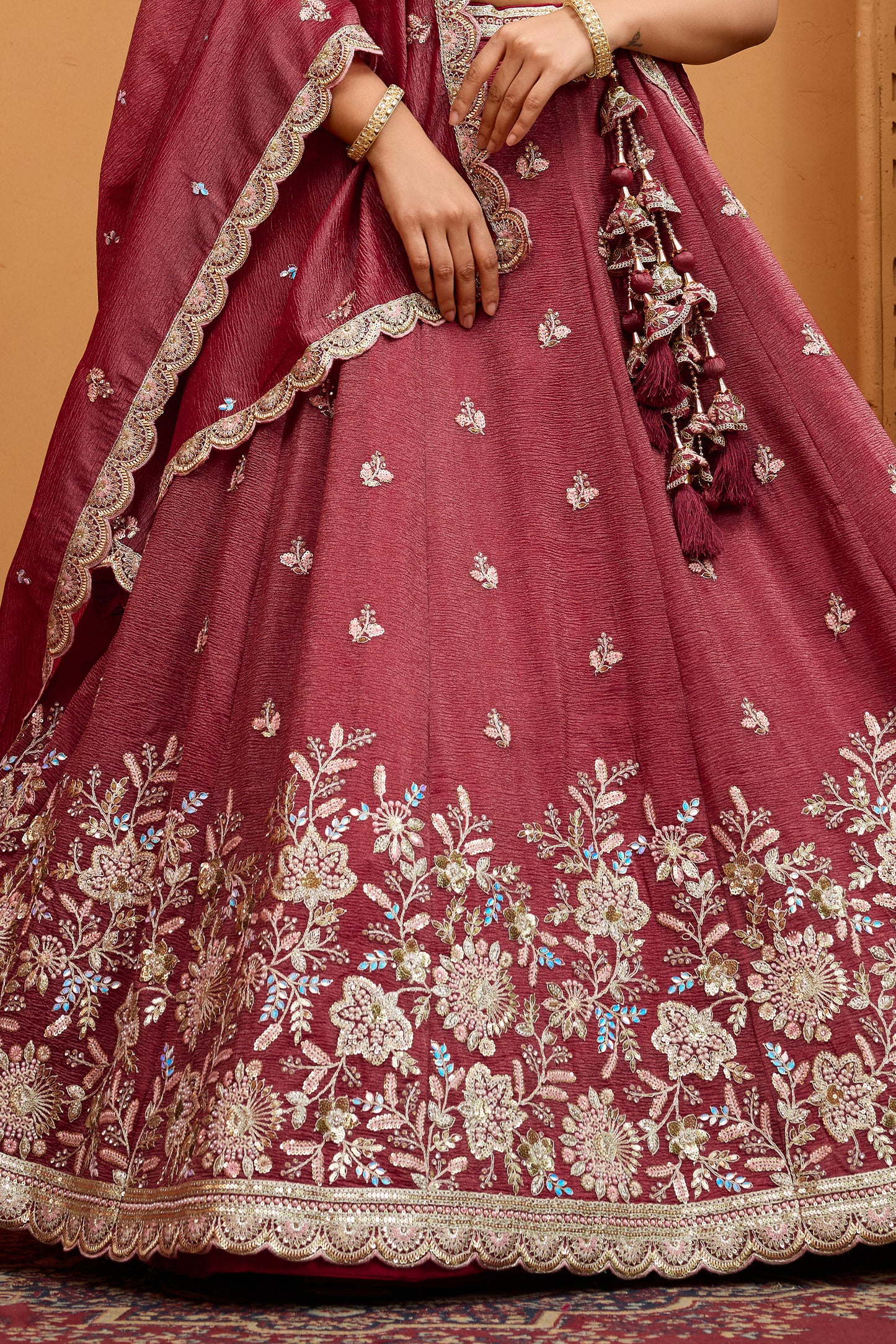 Rose Gold Semi-Stitched Embroidered Tissue Lehenga