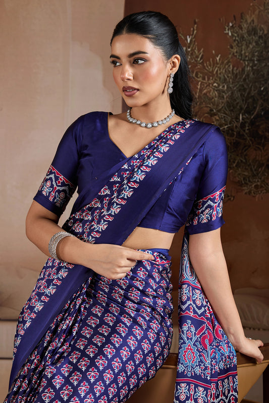 Royal Blue Ajrakh Print Satin Saree-SAR11896_2_SareeButa.com