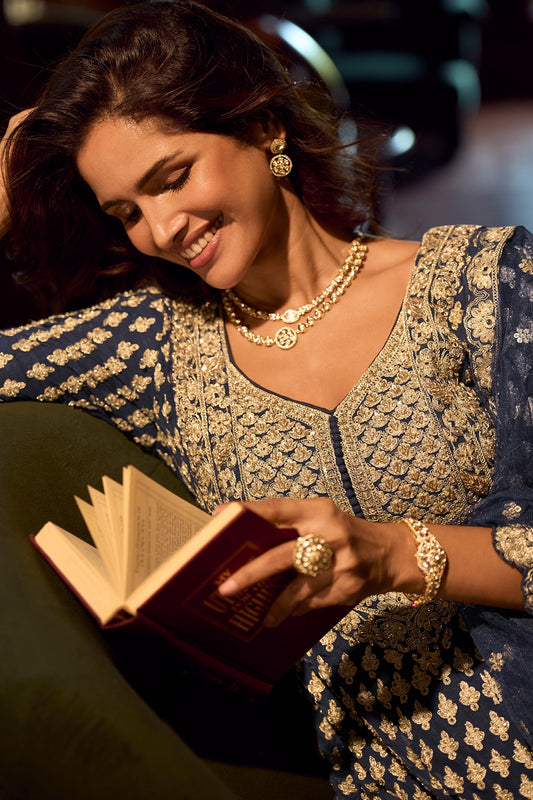 Royal Blue Readymade Heavy Work Georgette Skirt Suit-SAR11556_2_SareeButa.com