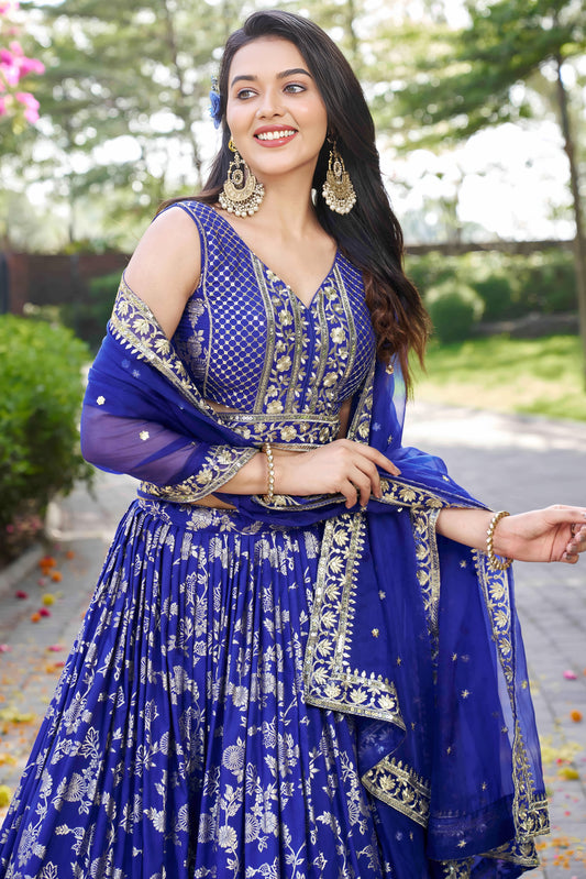 Royal Blue Semi-Stitched Embroidered Jacquard Silk Lehenga-LC212_2_SareeButa.com