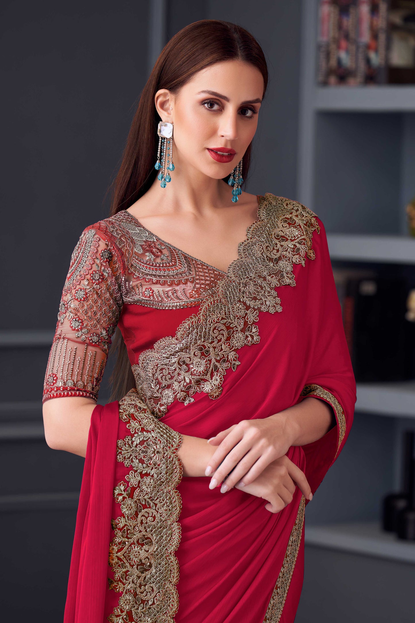 Ruby Red Embroidered Chiffon Saree-ZB133656_2_SareeButa.com