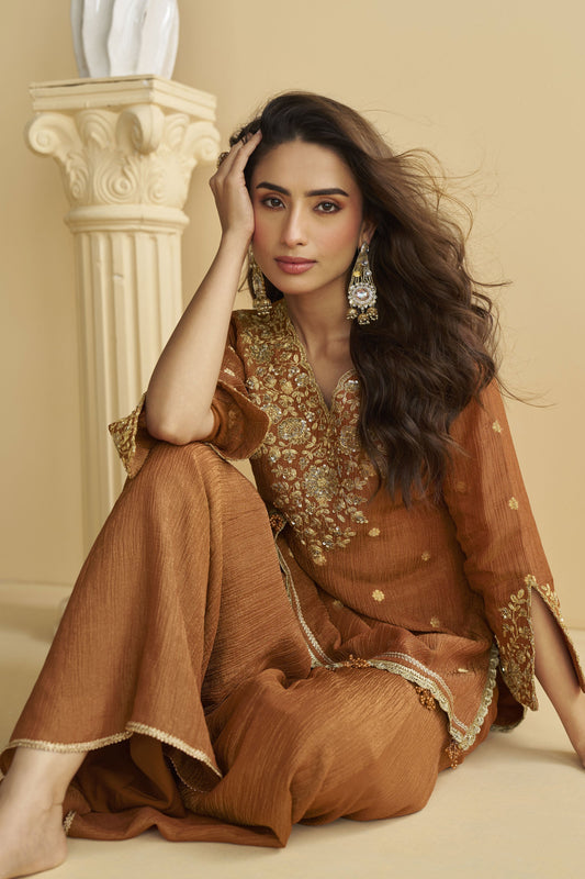 Rust Orange Readymade Chinon Silk Sharara Suit-SS819_2_SareeButa.com