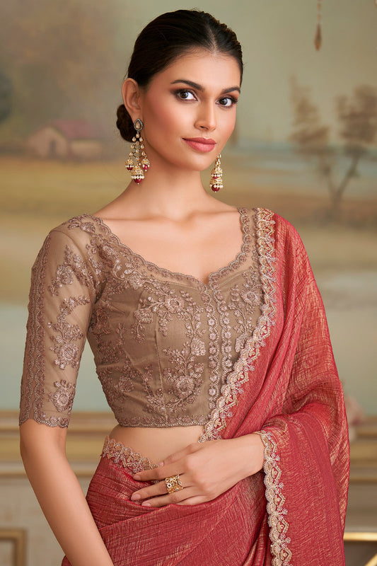 Rust Gold Embroidered Georgette Saree-SAR10849_2_SareeButa.com