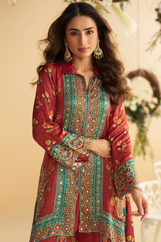 Rust Maroon Readymade Crepe Silk Co-Ord Set-SS788_2_SareeButa.com