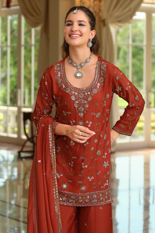 Rust Orange Readymade Embroidered Chinon Suit-SAR12125_2_SareeButa.com