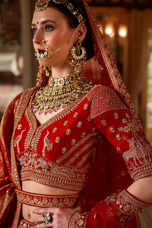 Scarlet Red Semi-Stitched Embroidered Silk Lehenga-SAR10309_2_SareeButa.com