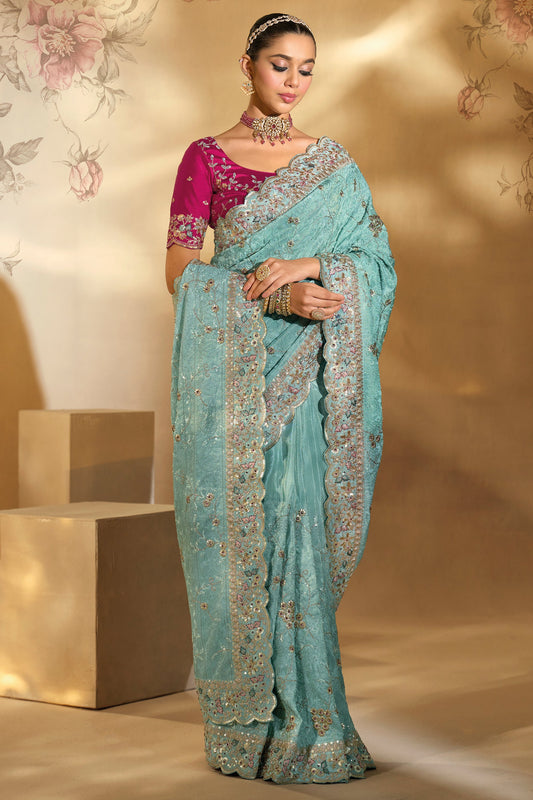 Sea Green Embroidered Banarasi Silk Saree-SAR10609_2_SareeButa.com