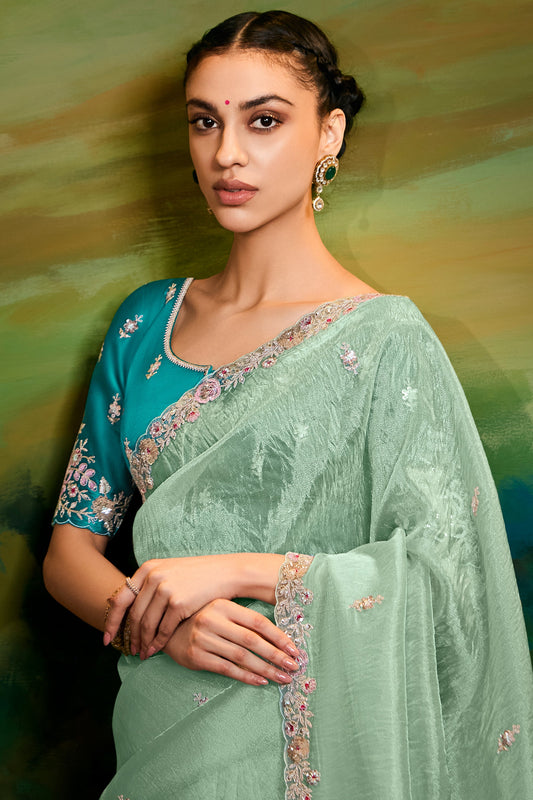Sea Green Embroidered Organza Saree-ZB134606_2_SareeButa.com