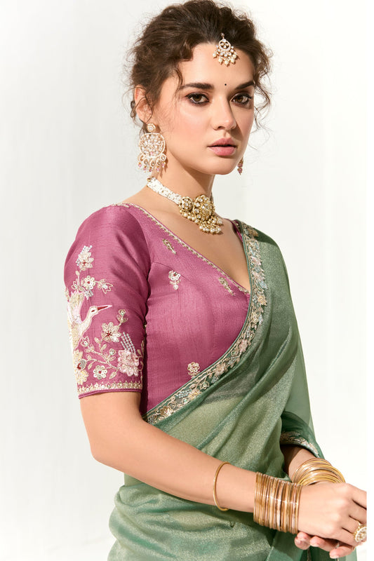 Sea Green Embroidered Organza Tissue Saree-ZB134747_2_SareeButa.com