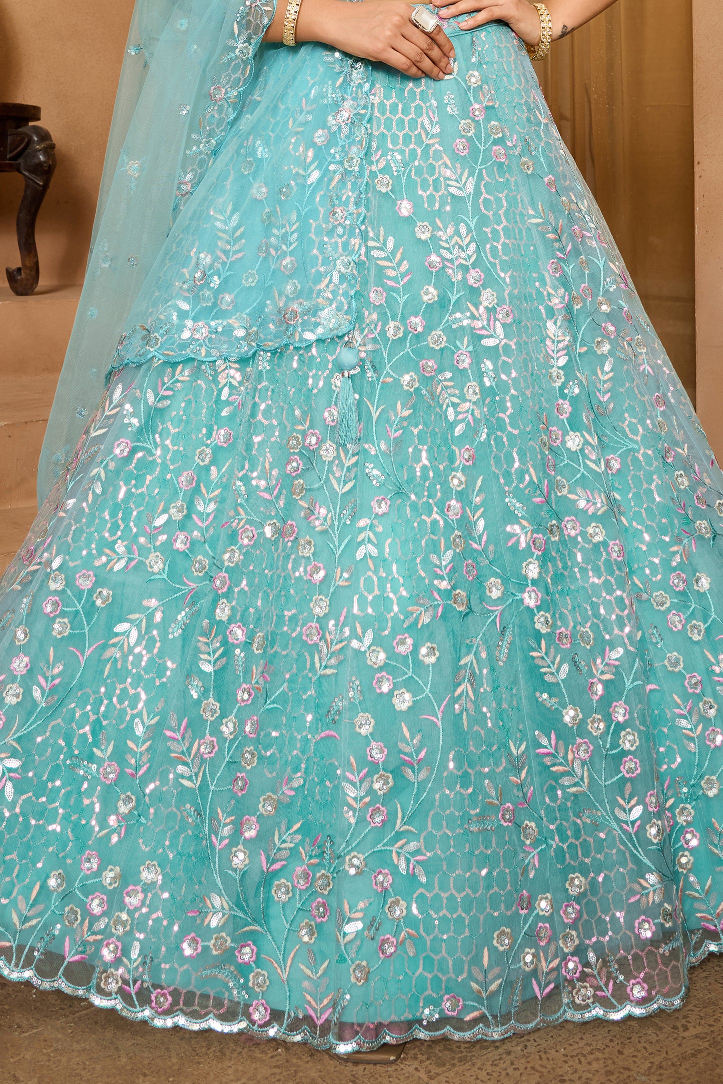 Sea Green Semi-Stitched Embroidered Net Lehenga