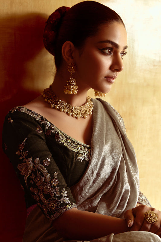 Silver Grey Embroidered Organza Saree-ZB134263_2_SareeButa.com