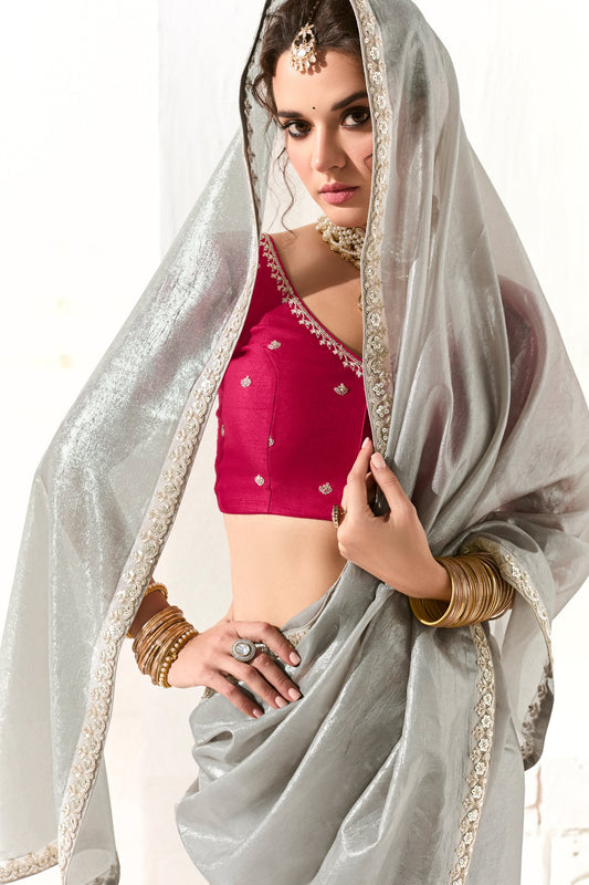 Silver Grey Embroidered Organza Tissue Saree-ZB134749_2_SareeButa.com