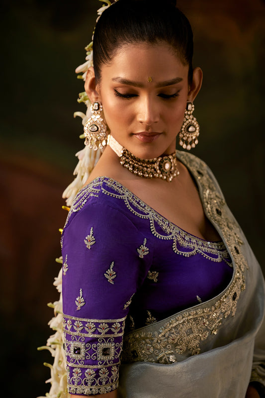 Silver Grey Embroidered Viscose Tissue Saree-SAR13253_2_SareeButa.com