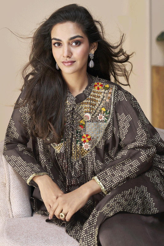 Taupe Readymade Chinon Silk Poncho Set-SS771_2_SareeButa.com