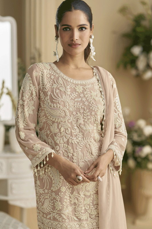 Taupe Readymade Heavy Work Georgette Palazzo Suit-SS856_2_SareeButa.com