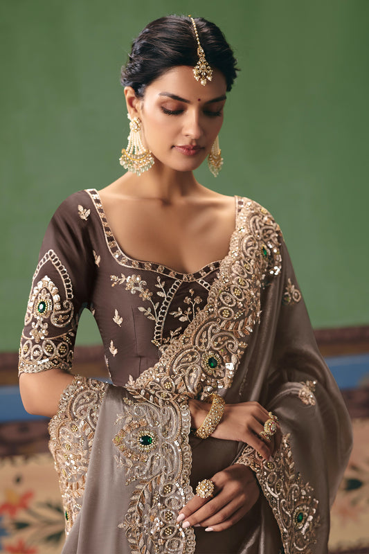 Taupe Brown Embroidered Organza Silk Saree-SAR12263_2_SareeButa.com